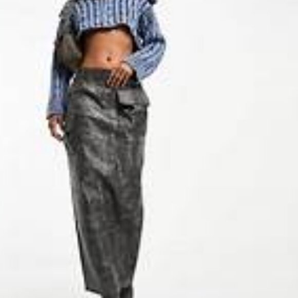 ASOS DESIGN Faux Leather Utility Midi Skirt Washed Black Size 6 - Picture 1 of 14